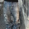 隐藏涂染脏脏破洞牛仔长裤