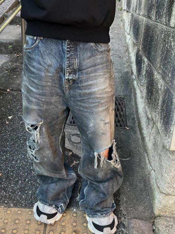 隐藏涂染脏脏破洞牛仔长裤