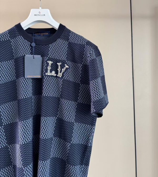 水晶贴片棋盘短袖针织上衣