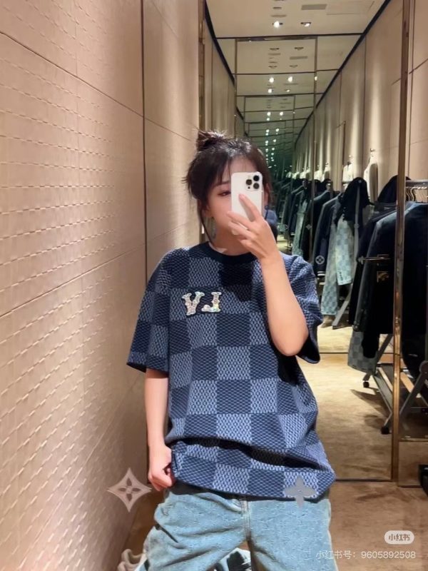 水晶贴片棋盘短袖针织上衣